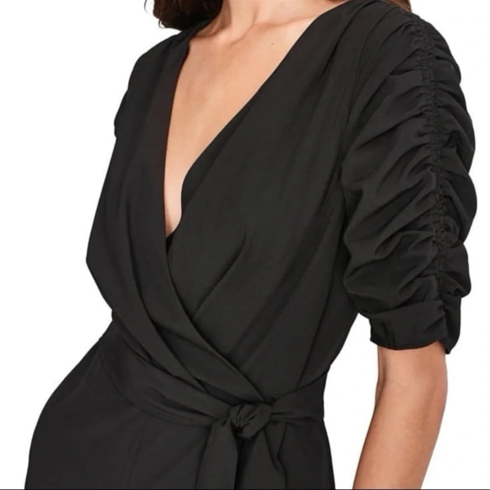 DKNY Black Wrap Jumpsuit Size 12 NWT Wide Leg Belted - Picture 4 of 5